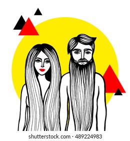 Nude Couple. Couple of lovers. Hand draw vector illustration of naked man with long beard and women with long hair and red lips colored geometric background (yellow, red). Adam and Eve hipsters. 