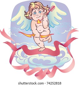 Nude Cupid with an arrow on the cloud and the tape