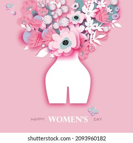 Nude female silhouette. Floral vase woman. Flower bouquet. Happy Women's day. Happy Mother's Day. Venera, Venus female concept paper cut style. Bodypositive. Pink. White. Very peri. Vector