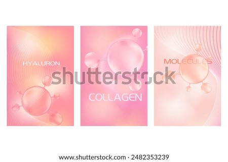 Nude pink beauty molecule poster set, hyaluronic acid or collagen ball, vector bio abstract scientific icon. Great for cosmetology advertisement. Beauty science skin care molecular concept