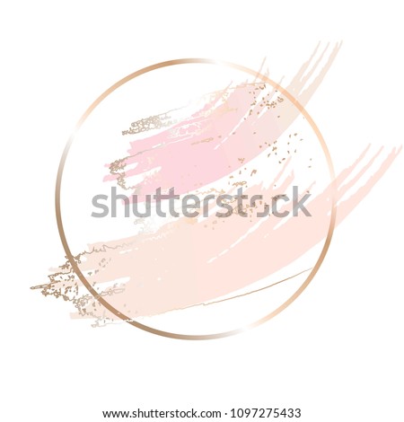 Nude rose brush strokes. Gold round contour frame.