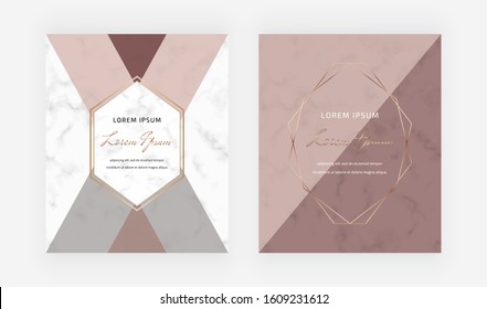 Nude triangular shapes, geometric golden lines, polygonal frames on the marble texture. Modern backgrounds for menu, banner, card, flyer, invitation, brochure.
