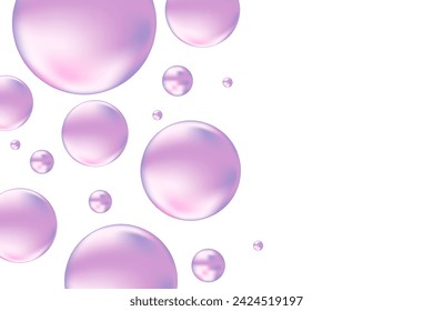 Burbujas de líquido violeta, púrpura claro o círculos de gelatina, flotan sobre un fondo transparente. Elegante composición brillante para cosmetología, ciencias de la belleza, cuidado de la piel concepto molecular.