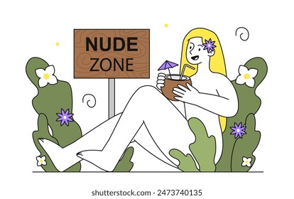 Concepto de zona desnuda. Joven desnuda se sienta con cóctel de coco. Turista en países tropicales y exóticos. Libertad interior. Ilustración vectorial plana de dibujos animados aislada sobre fondo blanco