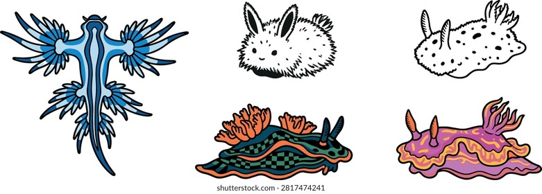 Nudibranch Sea Slugs Vector Icon Set Featuring Colorful Blue Dragon Sea Swallow Sea Bunny Jorunna Parva and Exotic Coral Reef Gastropods.eps