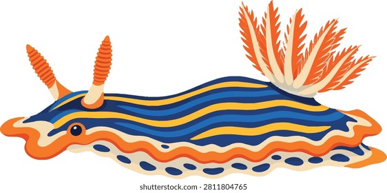 nudibranch side view with bright stripes full body vivid pattern, marine gastropod, flat vector illustration