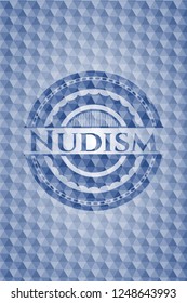 Nudism blue badge with geometric pattern background.