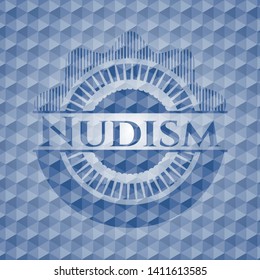 Nudism blue emblem with geometric pattern. Vector Illustration. Detailed.