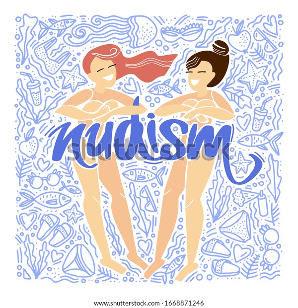 ヌーディズム ヌーディストビーチ ヌードの女の子2人がヌードビーチでリラックスする 裸で休む 手書きの碑文nudism 落書き風 平らなベクターイラスト のベクター画像素材 ロイヤリティフリー