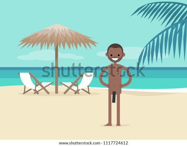 Nude Beach In Tropics - Nudist Beach Young Character On Vacation stockvector ...