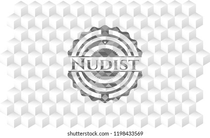 Nudist grey emblem. Vintage with geometric cube white background