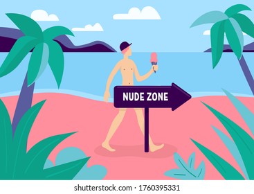 Nudist zone flat color vector illustration. Naked man relax in resort. Young male with bare body on private beach. Topless person. Naturist 2D cartoon character with landscape on background