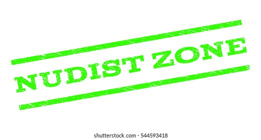 Nudist Zone watermark stamp. Text caption between parallel lines with grunge design style. Rubber seal stamp with dust texture. Vector light green color ink imprint on a white background.