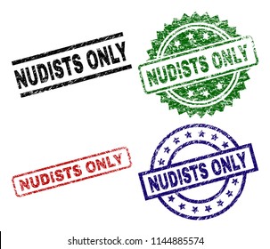 NUDISTS ONLY seal prints with damaged surface. Black, green,red,blue vector rubber prints of NUDISTS ONLY text with scratched surface. Rubber seals with round, rectangle, rosette shapes.