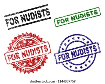 FOR NUDISTS seal prints with corroded texture. Black, green,red,blue vector rubber prints of FOR NUDISTS text with corroded texture. Rubber seals with circle, rectangle, medal shapes.