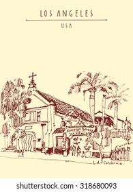 Nuestra Senora Reina Church of Our Lady in Los Angeles, California, USA. Catholic church. Travel sketch. Vintage hand drawn postcard or poster in vector