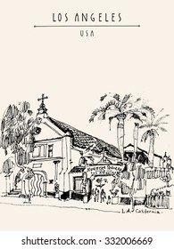 Iglesia de Nuestra Señora de Nuestra Señora en Los Ángeles, California, EE.UU. Iglesia Católica. Dibujo de viaje. Postal o afiche pintado a mano. Ilustración del vector