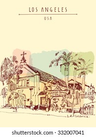 Nuestra Senora Reina Church of Our Lady in Los Angeles, California, USA. Catholic church. Travel sketch. Vintage hand drawn postcard or poster. Vector illustration