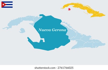 Nueva Gerona Cuba Map and Flag - Isla de la Juventud Special Municipality, Presidio Modelo and Capital City Vector Outline.