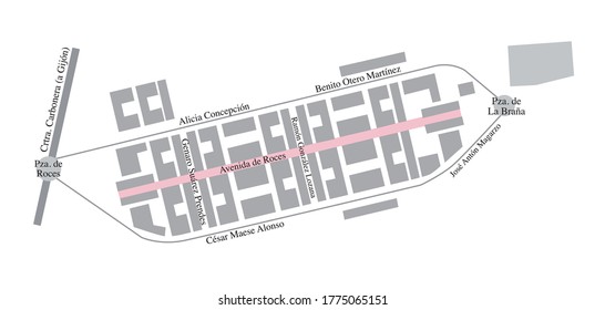 Nuevo Roces neighbourhood, Gijón, Spain, Asturias. Detailed vector map illustration.