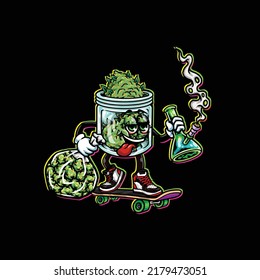 vectores de botella nug sostén bong fumando, bolsa de nug marihuana de hierba de cannabis bud marihuana y juego skateboard con cara feliz