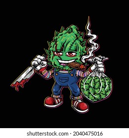 nug Chucky smoking blunt and holding knife and bag bud nug weed flower color mascot character
