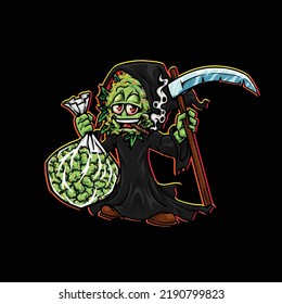 Nug Death Scythe Character Cartoon Mascot Smoking Blunt And Holding Weed Flower Nug Cannabis