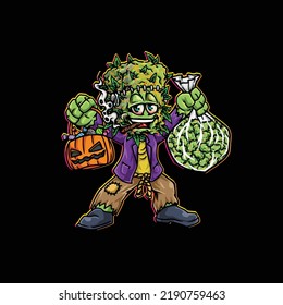 Nug Frankenstein Character Cartoon Mascot Smoking Blunt And Holding Weed Flower Nug Cannabis