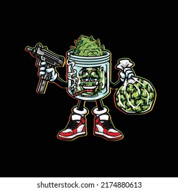 vectores de jarro nug, arma de retención de hierba, bolsa de nug y marihuana de flores de brote de cannabis sin pelos de fumar y cara feliz