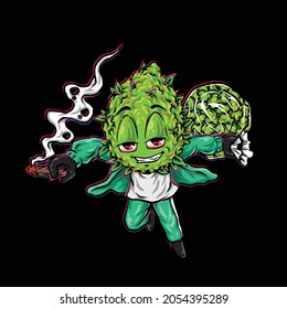 Nug Jump Green Tosca Hoodie Smoking Blunt From Weed Flower Cannabis Character Cartoon And Holding Bud Bag