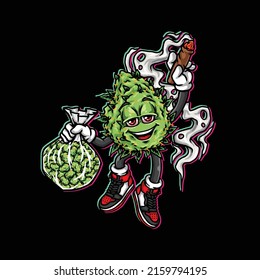 vector de salto de nug sostiene maleza bolso de nug y fumar burdo broche de cannabis bud marihuana y cara feliz