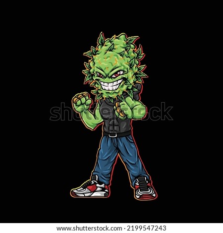 nug ready for punch character cartoon mascot smoking blunt and holding weed flower nug cannabis