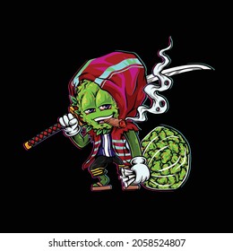 Nug Samurai Smoking Blunt From Weed Flower Cannabis Character Cartoon And Holding Bud Bag 