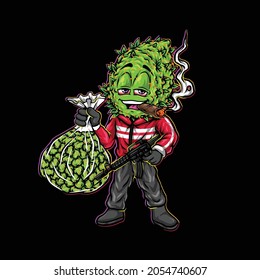 nug smoking blunt from weed flower cannabis character cartoon and holding bud bag