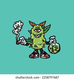 nug vector monster smoking joint hold buds weed cartoon