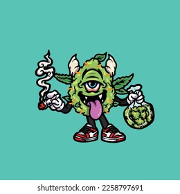 nug vector monster smoking joint hold buds weed cartoon