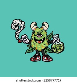 nug vector monster smoking joint hold buds weed cartoon