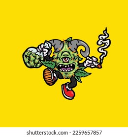 Nacken-Vektormonster, die Gelenke rauchen und Bong-Hold-Knospen-Karikatur