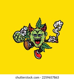 nug vector monster smoking joint and bong hold buds weed cartoon