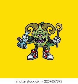 nug vector monster smoking joint and bong hold buds weed cartoon