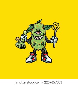 nug vector monster smoking joint and bong hold buds weed cartoon