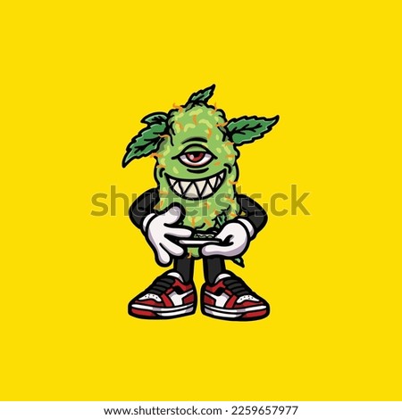 nug vector monster smoking joint and bong hold buds weed cartoon