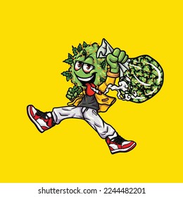 nug weed vector cartoon character mascot smoking blunt or joint from weed cannabis marijuana