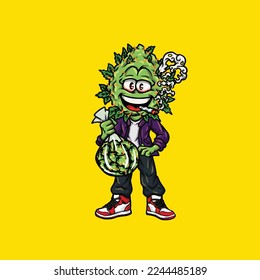 Nacken-Unkraut-Vektorgrafik-Maskottchen-Rauchen Stumpf oder Gelenk von Cannabis marihuana