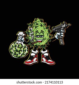 vectores de maleza nug agarre pistola, bolsa de nug de maleza y marihuana de flor de brote de cannabis contundente y cara feliz