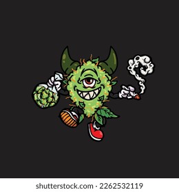 nug weed vector smoking joint and bong hold bud cartoon monster