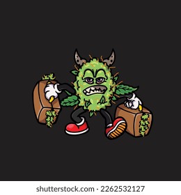 nug weed vector smoking joint and bong hold bud cartoon monster