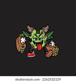 Nackenkraut-Vektorrauchgelenk und Bong-Hold-Bud-Cartoon-Monster