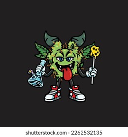 nug weed vector smoking joint and bong hold bud cartoon monster