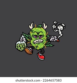 nug weed vector smoking joint and bong hold bud cartoon monster